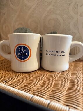 Life Is Good White Mug with Blue and Orange Logo Set